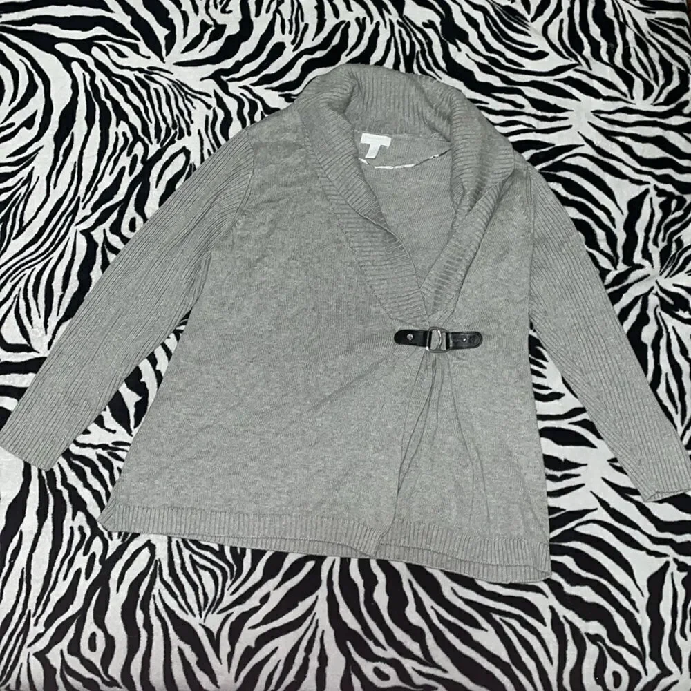 Charter club grey long sleeved faux leather buckle cardigan size 1x